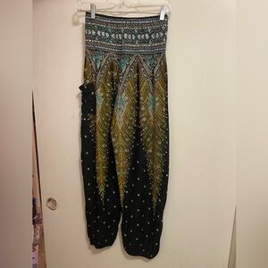 Boho Vib Womens Harem Pants S Small Peacock Paisley Bohemian Brown & Blue